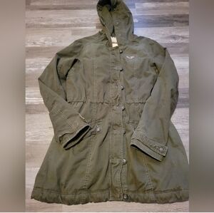 Hollister Womens Green Jacket Utility Coat Waist adjustable Sherpa Large